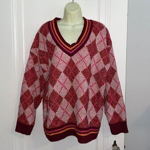 NWT Listicle maroon, pink & orange V neck argyle oversized sweater